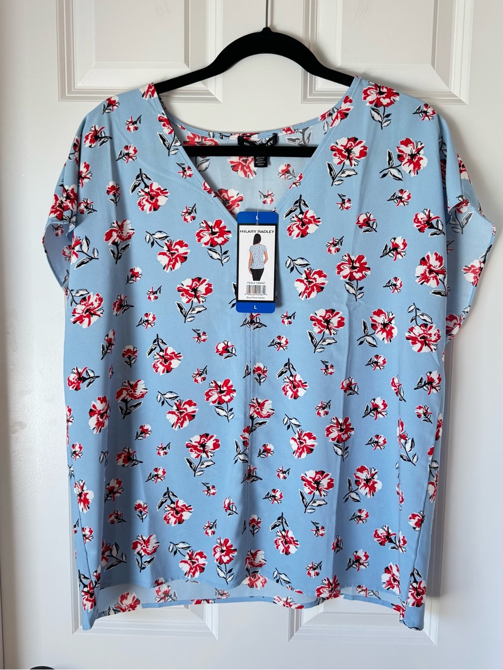 Hilary Radley Blouse V-Neck Cap Sleeve Blouse‎ Top - Blue Floral - Large - NWT
